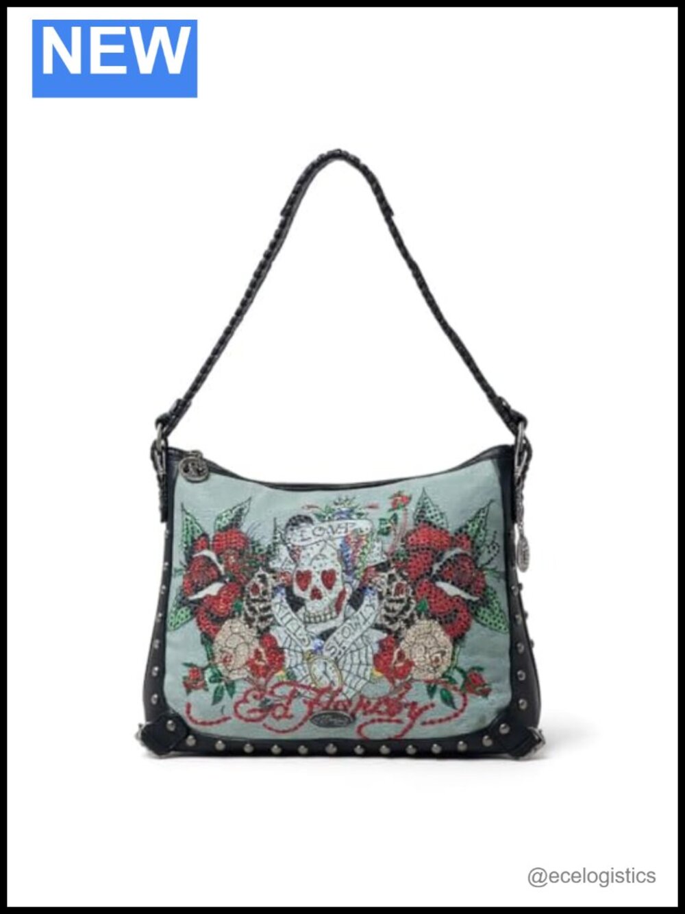 Faux Leather Hobo Handbag with Tattoo Graphics and Stud Accents